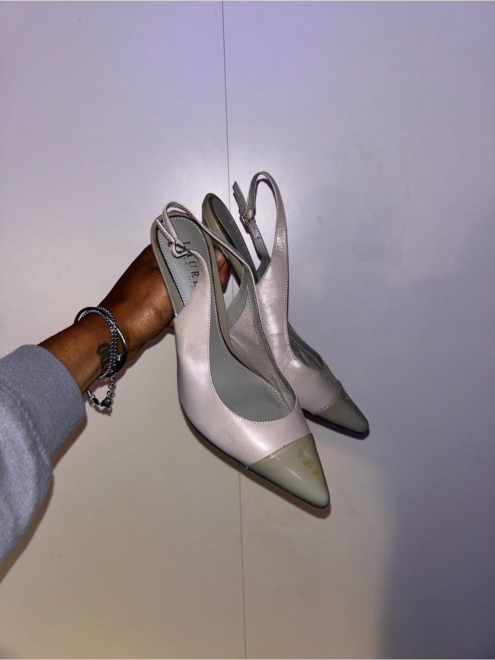 Ralph Lauren Two-Tone Pointed Slingback Pumps in Pale Pink and Sage